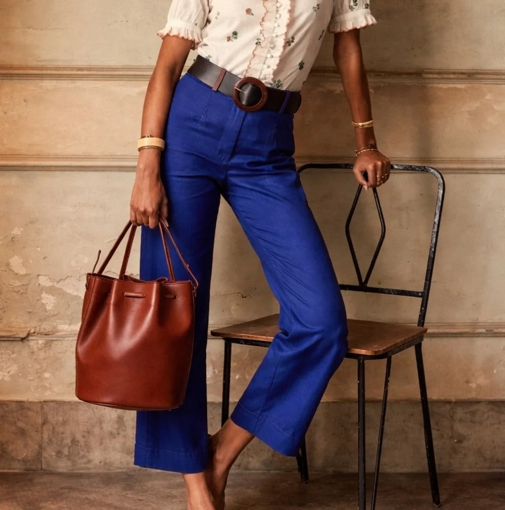 Sézane Jude Cropped Pants Indigo Linen Cotton Tailored Preppy Cuffed FR 36 US 4